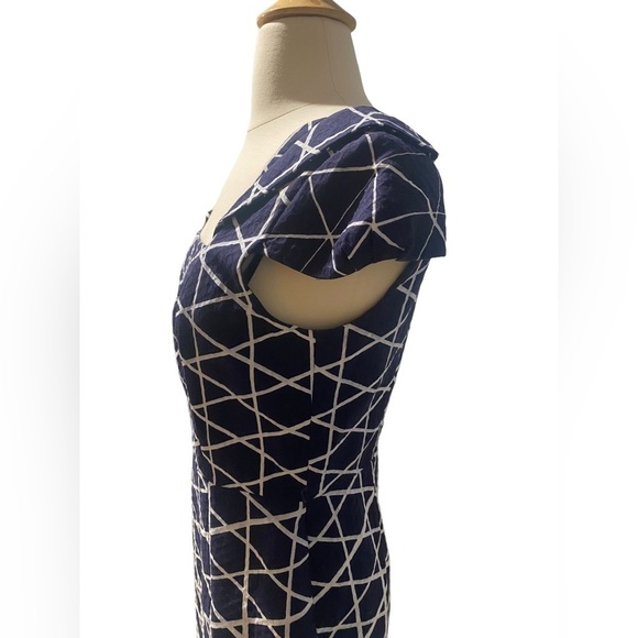 Blue/White David Meister Short-Sleeved Midi Cocktail Dress-size 4 - Picture 5 of 6